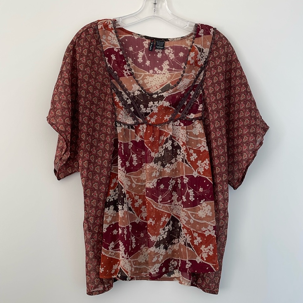 Orange Brown Flowers Top Flowy Blouse - Size L